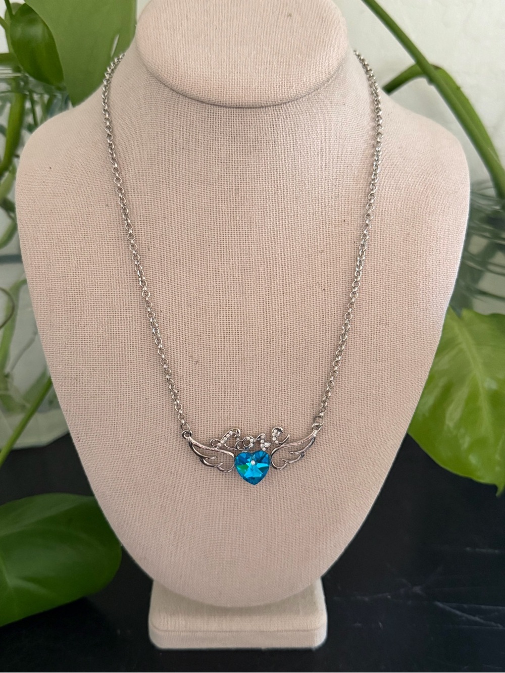Vintage Silver Winged Blue Lucite Heart Necklace